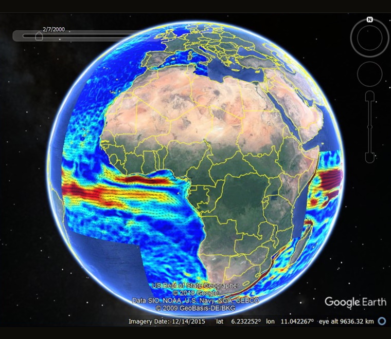 Monthly average residual surface current speed and direction Google Earth 