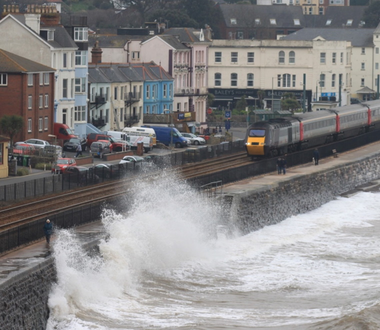 A photo of high tide against a sea wall at Dawlish 