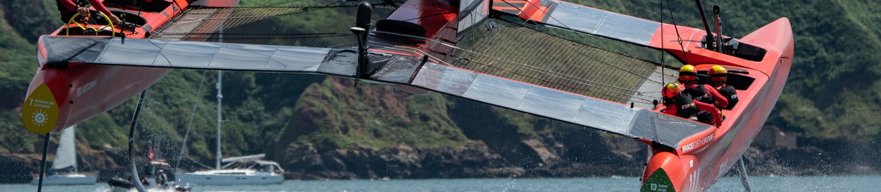 Spain SailGP Team in action during a practice session ahead of Great Britain SailGP, Event 3, Season 2 in Plymouth, Great Britain. 15 July 2021. Photo: Jon Buckle for SailGP. Handout image supplied by SailGP