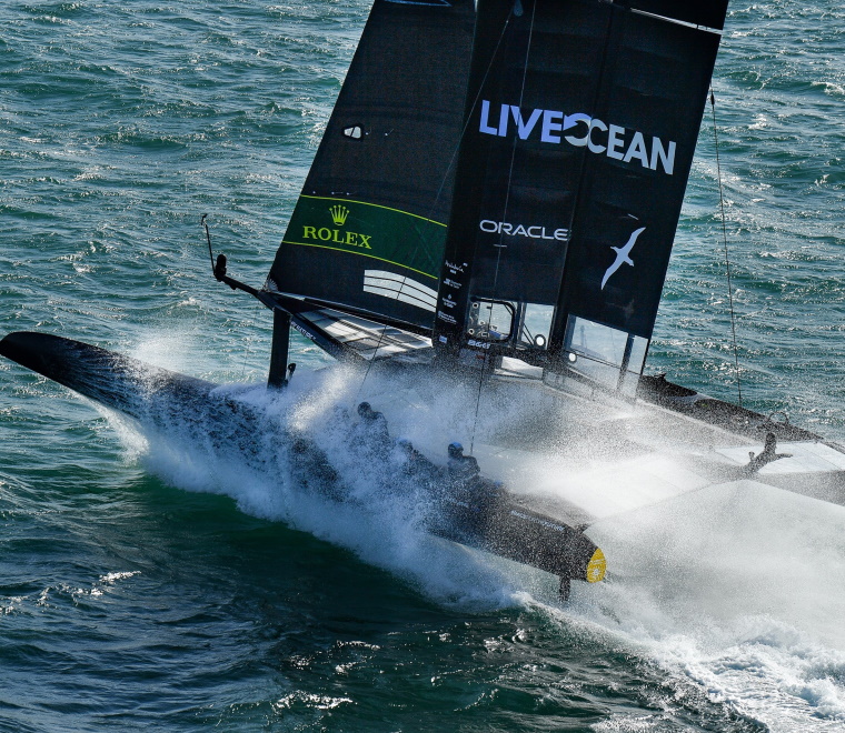 New Zealand SailGP Team co-helmed by Peter Burling and Blair Tuke in action on Race Day 2 at Spain SailGP, Event 6, Season 2 in Cadiz, Andalucia, Spain. 10th October 2021. Photo: Ricardo Pinto for SailGP. Handout image supplied by SailGP 