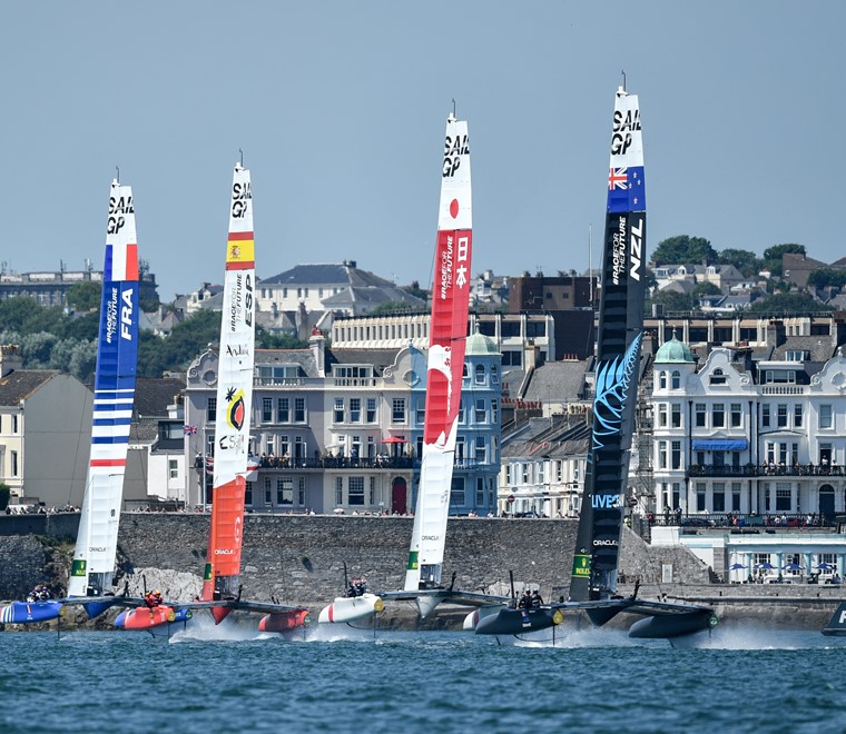 France, Spain, Japan and New Zealand SailGP Team in action on race day 1 of Great Britain SailGP, Event 3, Season 2 in Plymouth, UK 17 July 2021 Photo Ricardo Pinto for SailGP 
