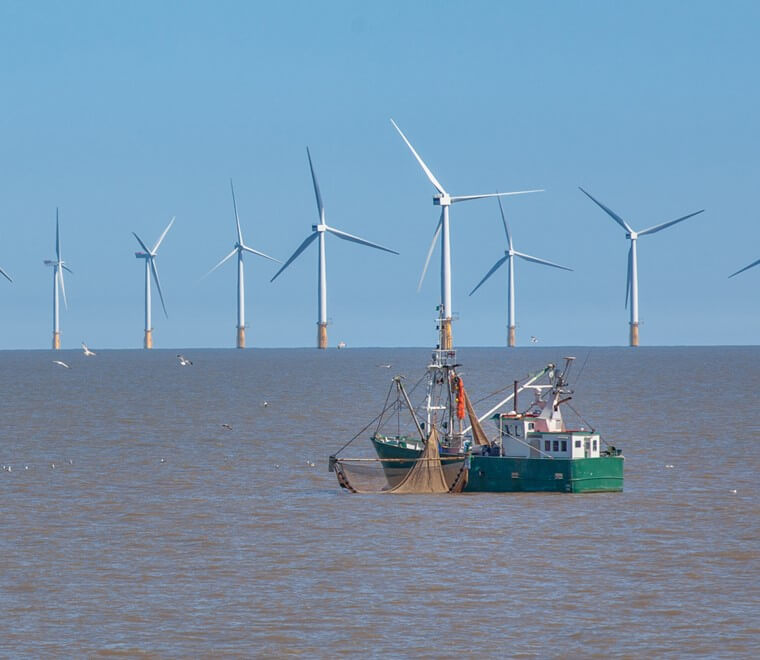 Fishing vessel and offshore wind turbines